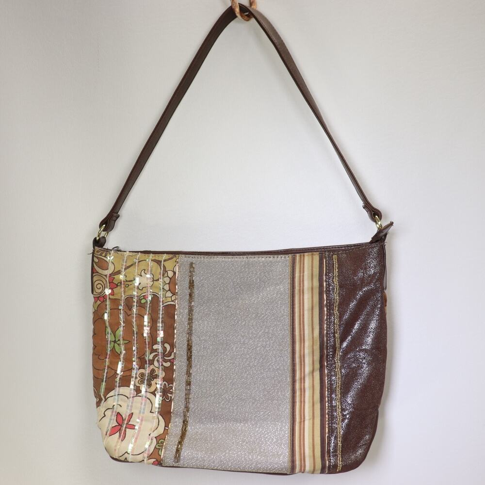 Frankie Johnnie Shoulder Handbag Brown Tone Shimmer Sequin Lined Purse Bag